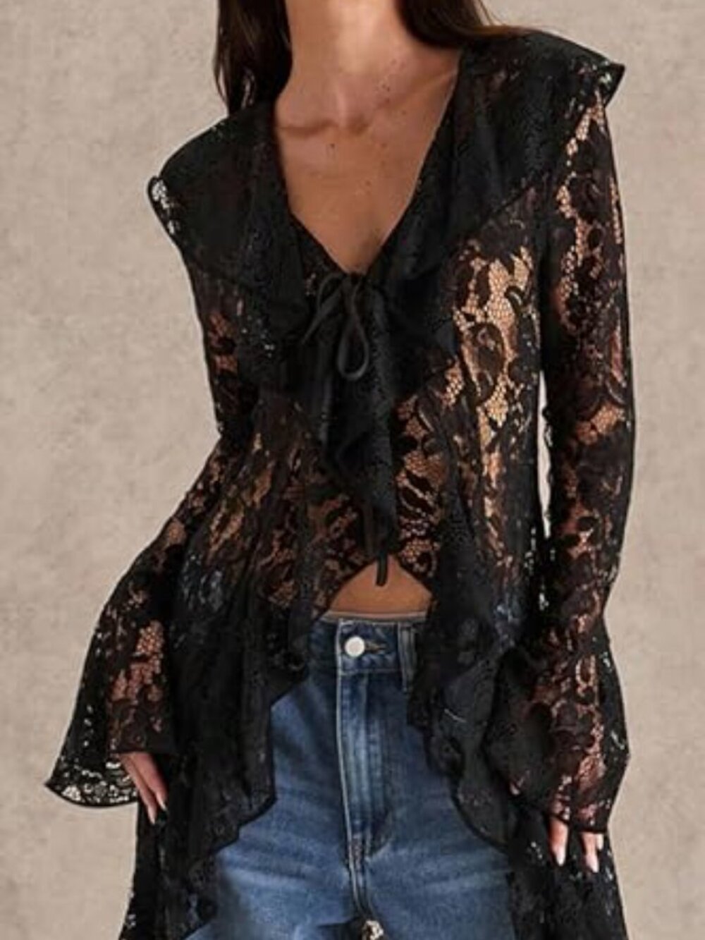 Lace Cardigan Women Maxi Lightweight Open Front Tie Bell Long Sleeve Ruffled - Picture 6 of 7